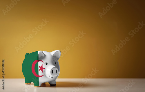 Piggy bank with painting of Algeria flag. The problem is in the economy. Economic crisis. Saving money concept.