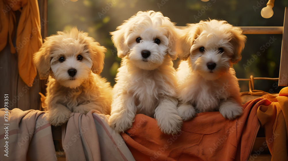 Cute puppies cuddling in a small basket - soft fur of small cute dogs | Generative AI Cute puppies cuddling in a small basket - soft fur of small cute dogs | Generative AI