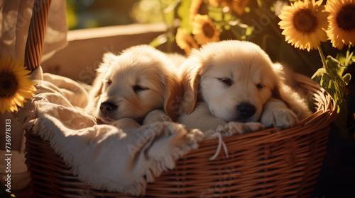Cute puppies cuddling in a small basket - soft fur of small cute dogs | Generative AI