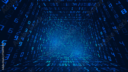 Big Data 3D Matrix Numbers. Quantum Computer CPU Core Code Concept Background. 3D Blockchain Cube Blocks Concept. Data Sorting. Artificial Intelligence HUD Design Element. Vector Illustration.
