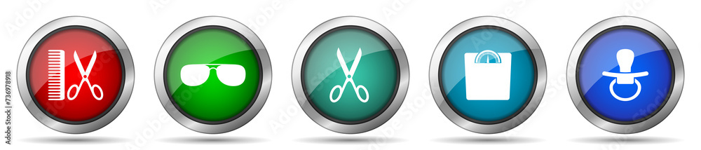Lifestyle icon set, miscellaneous icons such as barber, sun glasses, scissors, weight and nipple, silver metallic, colorful glossy web buttons collection