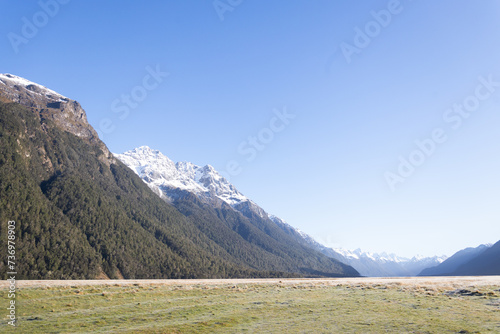 meadow with view to the background of mount cook with snow. New Zealand