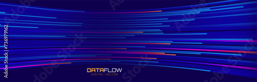 Digital Data Flow Vector Background. Big Data Technology Lines. 5G Wireless Data Transmission. High Speed of Light Trails. Information Flow in Virtual Reality Cyberspace. Vector Illustration.