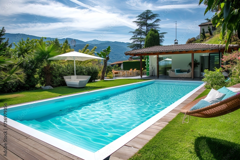 Outdoor swimming pool surrounded by white border, set in a garden with lawns on a sunny day, sunshade, wicker hammock near pool, on background modern and luxurious chalet