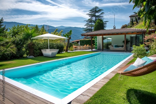 Outdoor swimming pool surrounded by white border, set in a garden with lawns on a sunny day, sunshade, wicker hammock near pool, on background modern and luxurious chalet