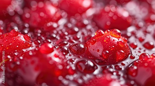 Macro shot of vibrant red water droplets, conveying a fresh and clean concept, suitable for background or abstract art applications, with space for text on the droplets' surface.