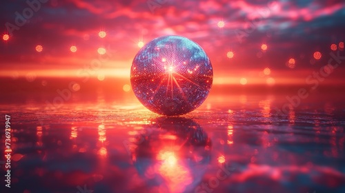 A disco ball radiates light across a surreal waterscape  creating a magical and reflective ambiance  ideal for themes of celebration  festivity  and surrealism with a radiant glow.