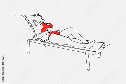 sexy woman relaxing and lying on lounge chair, beach chair, sunbathing. editable stroke. continuous one line drawing isolated vector illustration.