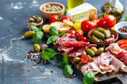 Trendy antipasti board, Appetizers with differents antipasti, charcuterie, snacks and red wine. Sausage, ham, tapas, olives and crackers for buffet summer party photo