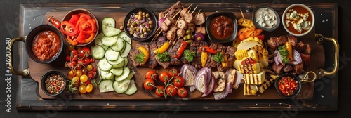 Assorted delicious grilled meat with vegetables on trendy barbecue food board. different food, top view.