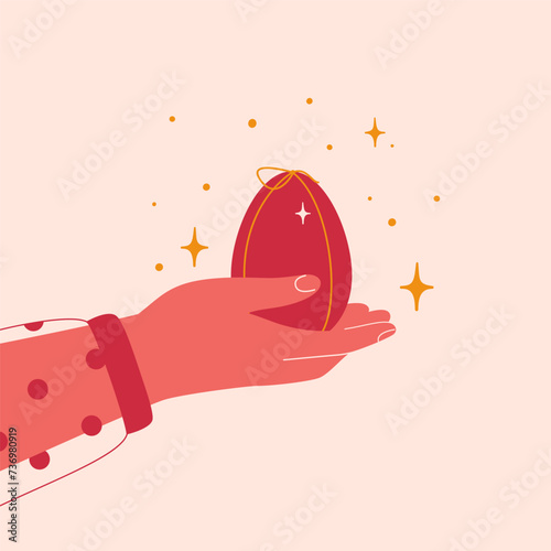 Human hand holds Easter red egg decorated with ribbon. Chocolate sweety for spring religious holiday celebration. Vector illustration