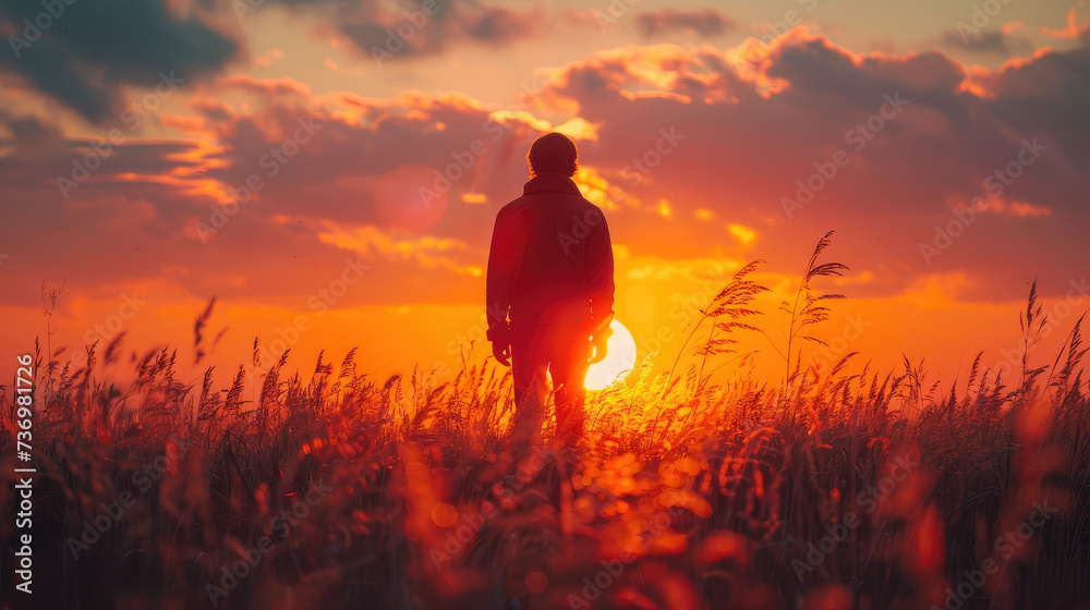 Silhouette of a person walking through a field with tall grass against a vibrant sunset sky

