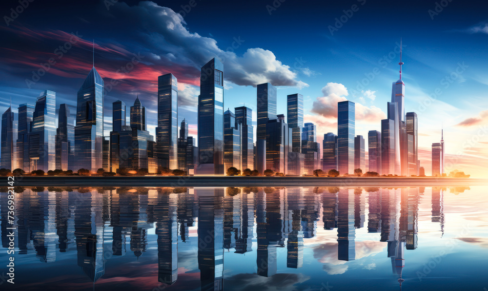 Fototapeta premium Reflective Waterfront Panorama of Modern City Skyline with Skyscrapers and Bright Blue Sky at Dusk, Urban Architecture and Futuristic Metropolitan Cityscape Concept