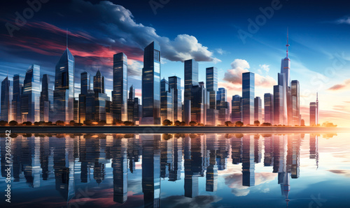 Reflective Waterfront Panorama of Modern City Skyline with Skyscrapers and Bright Blue Sky at Dusk, Urban Architecture and Futuristic Metropolitan Cityscape Concept