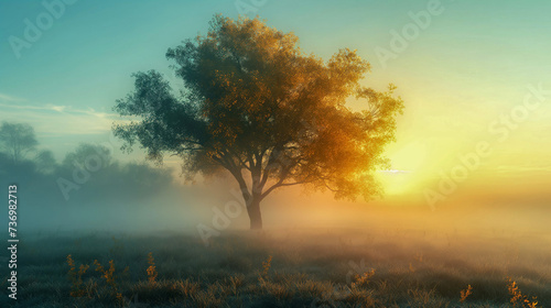 Illustration of a Mystical Sunrise Over Solitary Tree in Foggy Autumn Field 