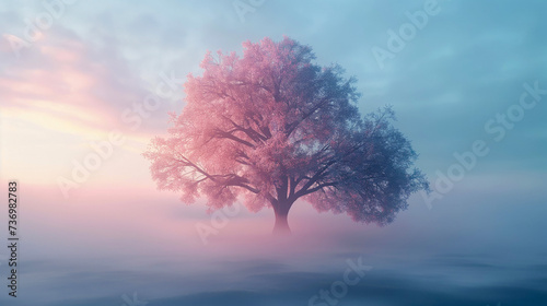 Surreal Cherry Blossom Tree in Misty Landscape at Dawn 