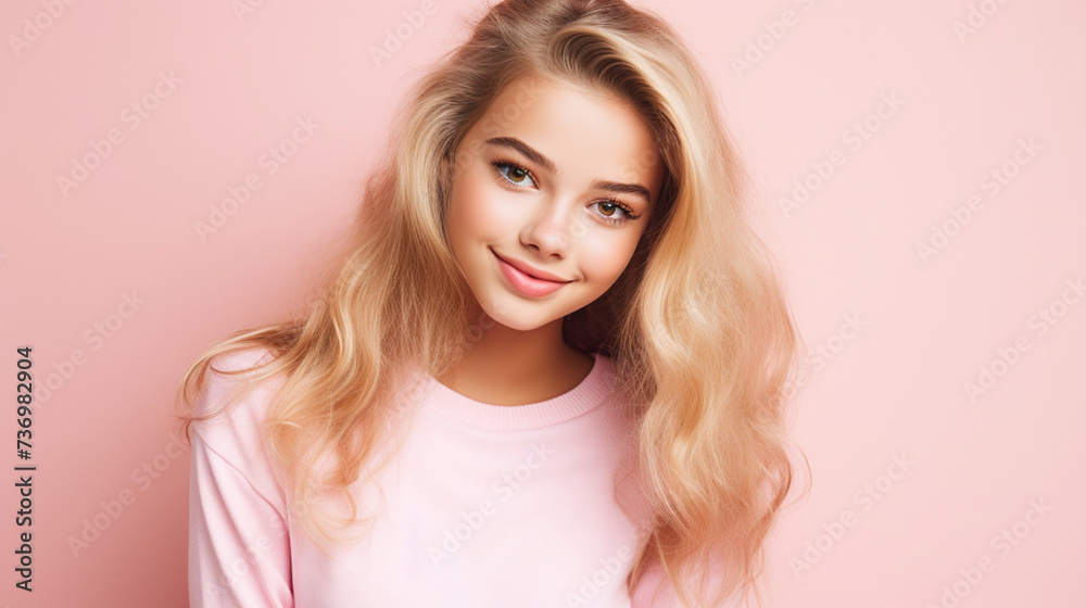 Smiling girl in white t-shirt on pink background mockup. Beautiful happy woman model looking at camera Smiling girl in white t-shirt on pink background mockup. Beautiful happy woman model looking at camera
