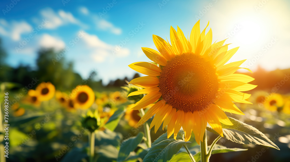 Portrait of a sunflower in a sunflower field in nature's sunshine - green nature | Generative AI