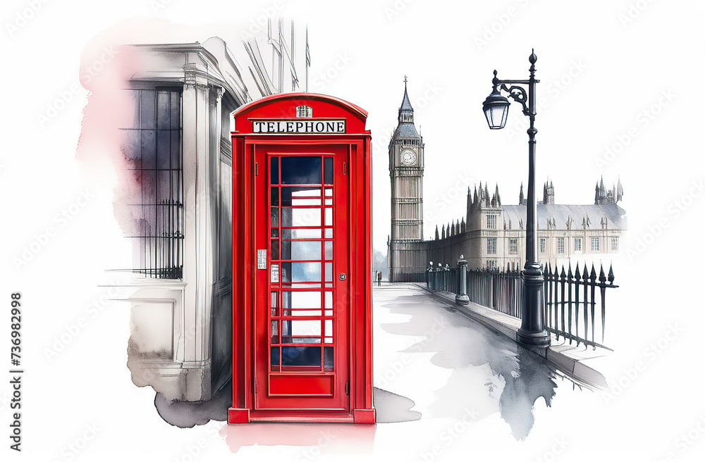 Obraz premium Beautiful watercolor illustration of red London telephone boxes in London, UK.