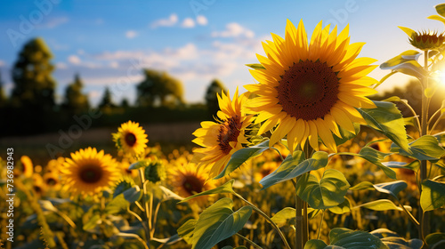 Portrait of a sunflower in a sunflower field in nature's sunshine - green nature | Generative AI