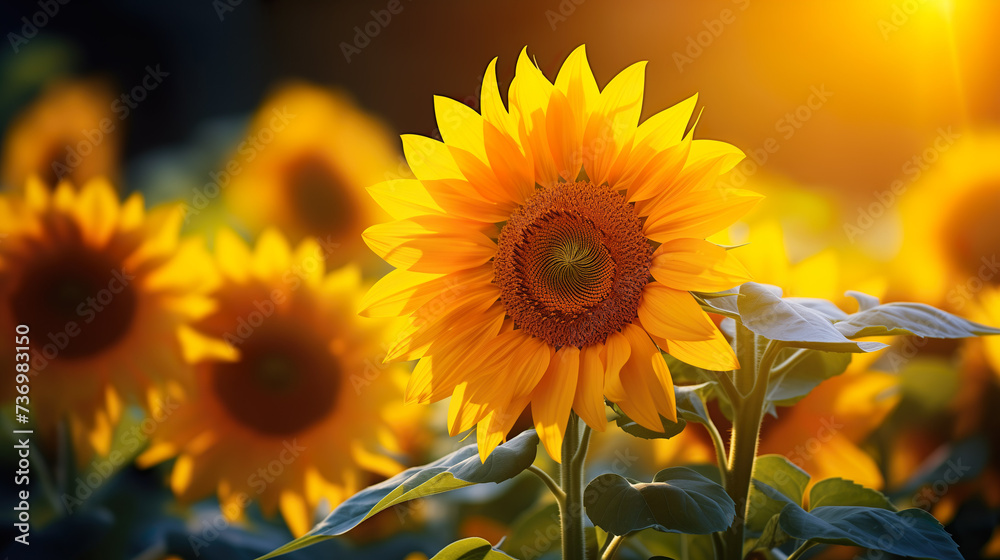 Fototapeta premium Portrait of a sunflower in a sunflower field in nature's sunshine - green nature | Generative AI