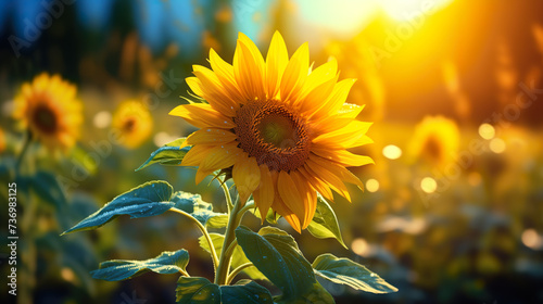 Portrait of a sunflower in a sunflower field in nature's sunshine - green nature   Generative AI © DigitalDreamscape