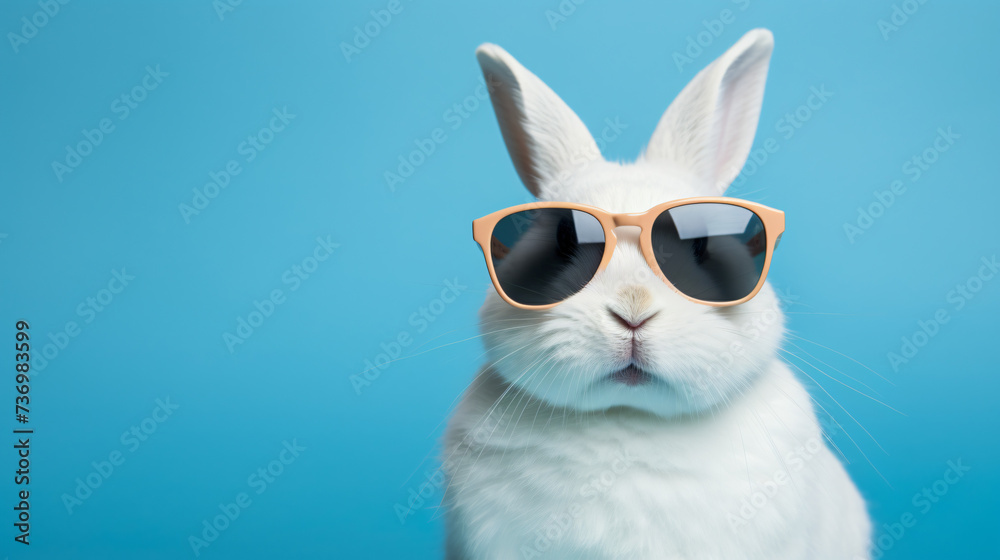 A white rabbit wearing sunglasses