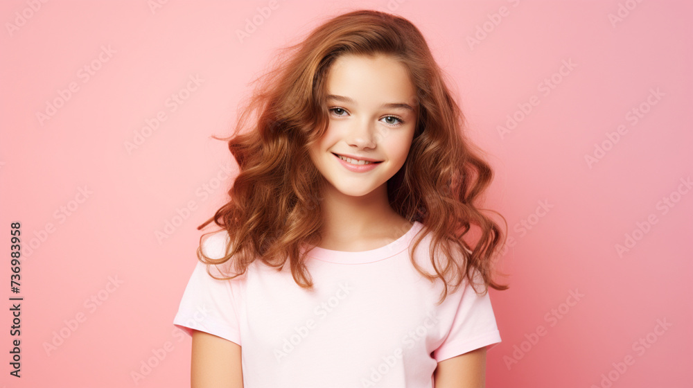 Smiling girl in white t-shirt on pink background mockup. Beautiful happy woman model looking at camera Smiling girl in white t-shirt on pink background mockup. Beautiful happy woman model looking at camera
