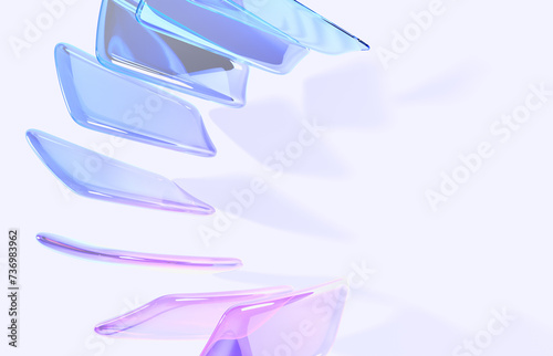 3d abstract geometric background with rainbow glass plates top view. Crystal rectangles with blue pink gradient texture, light refraction and shadow. Fashion banner with empty space. 3D illustration photo