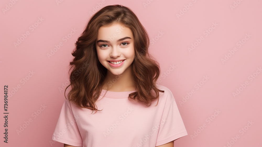 Fototapeta premium Smiling girl in white t-shirt on pink background mockup. Beautiful happy woman model looking at camera