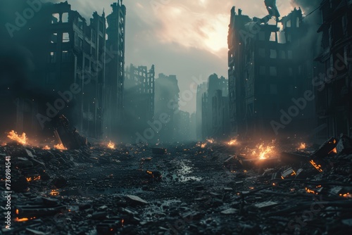 Post-apocalyptic abandoned city. Destroyed buildings, burning rubble, polluted water and air. Devastated remains of post-apocalyptic terrain