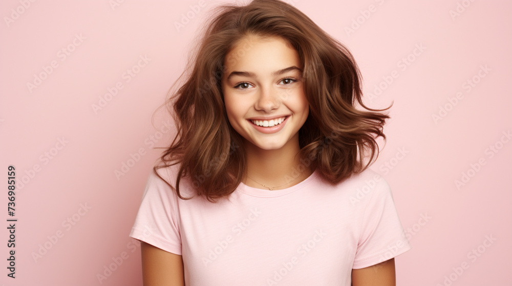 Smiling girl in white t-shirt on pink background mockup. Beautiful happy woman model looking at camera Smiling girl in white t-shirt on pink background mockup. Beautiful happy woman model looking at camera