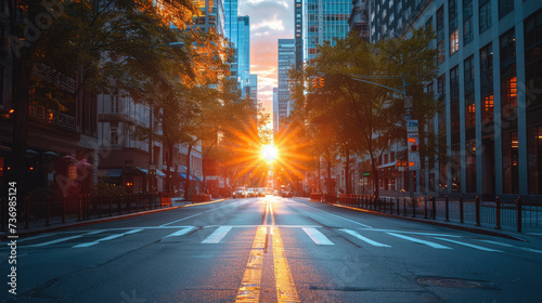The sun casting a brilliant glow down an empty city street lined with modern buildings at dawn