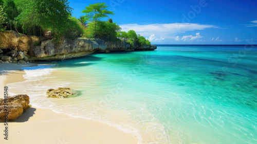 Sandy Beach With Blue Water and Green Trees