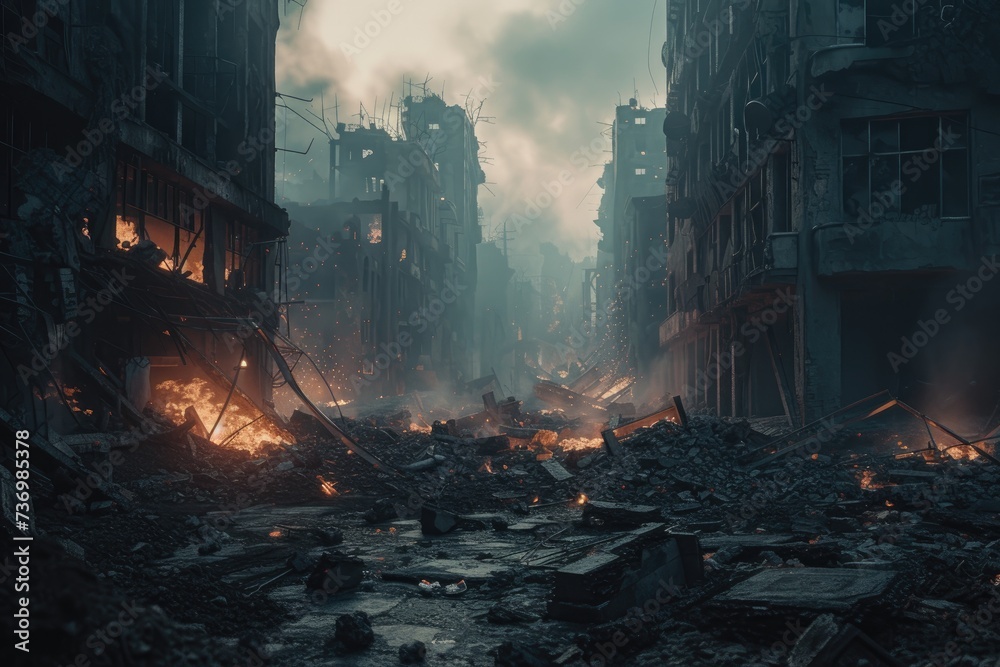 Post-apocalyptic abandoned city. Destroyed buildings, burning rubble, polluted water and air. Devastated remains of post-apocalyptic terrain - obrazy, fototapety, plakaty 