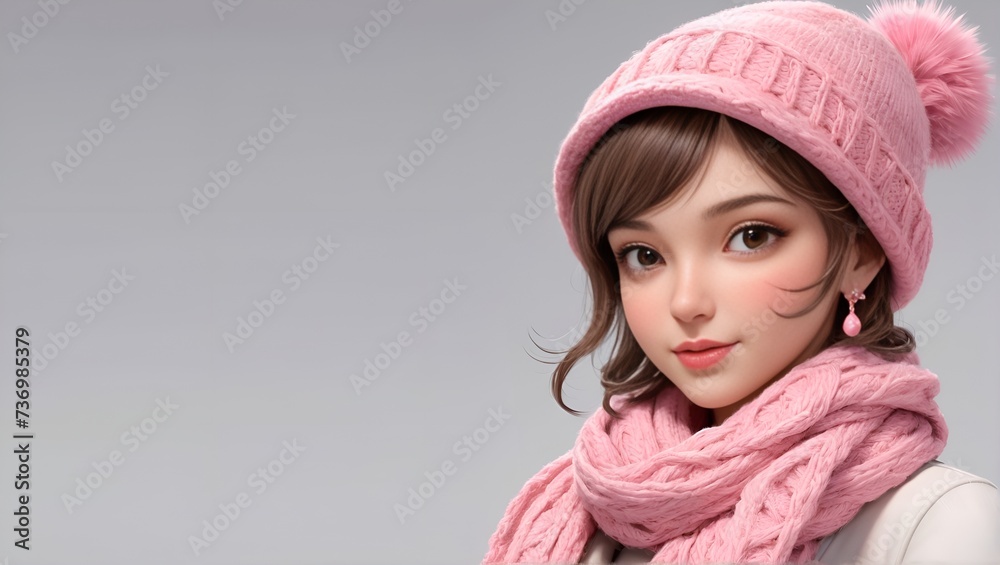 A girl in a pink hat and scarf, with a copy space A girl in a pink hat and scarf, with a copy space
