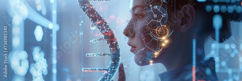 DNA double helix intertwined with digital AI elements highlights the role of AI in genetic research and personalized medicine #736985340
