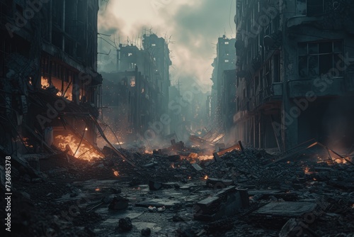 Post-apocalyptic abandoned city. Destroyed buildings, burning rubble, polluted water and air. Devastated remains of post-apocalyptic terrain © LivroomStudio