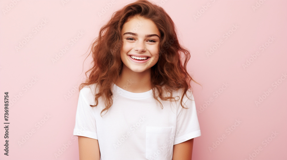 Smiling girl in white t-shirt on pink background mockup. Beautiful happy woman model looking at camera Smiling girl in white t-shirt on pink background mockup. Beautiful happy woman model looking at camera