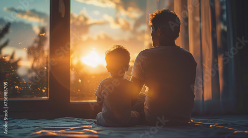 Silhouette of a parent and child enjoying a tranquil sunset together by the window © Александр Марченко