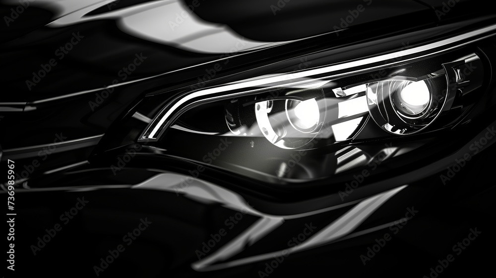 Close-up of a modern black car's headlights in a generic, unbranded manner