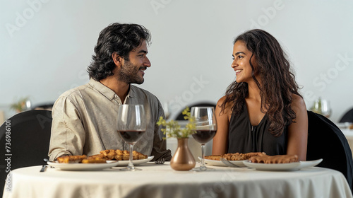 Happy Indian couple enjoying a romantic dinner with wine glasses on the table.