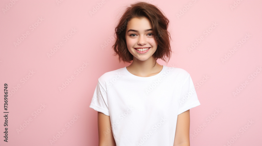 Smiling girl in white t-shirt on pink background mockup. Beautiful happy woman model looking at camera