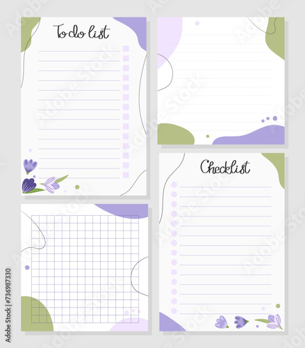 Collection of spring to do list, note, memo, checklist with flowers. Vector template for planners, checklists, notebooks, cards and other stationery. Layout A5