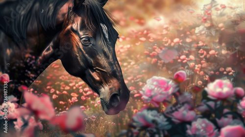 Majestic Horse in Field of Flowers