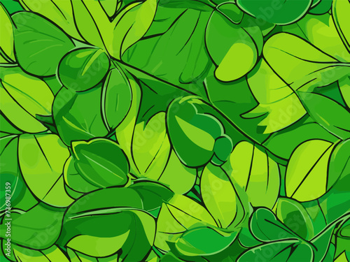 Dense, dark green leaves create a lush and lively atmosphere. Leaves have different shapes and shades of green, showing diversity in the foliage. Vector seamless pattern illustration