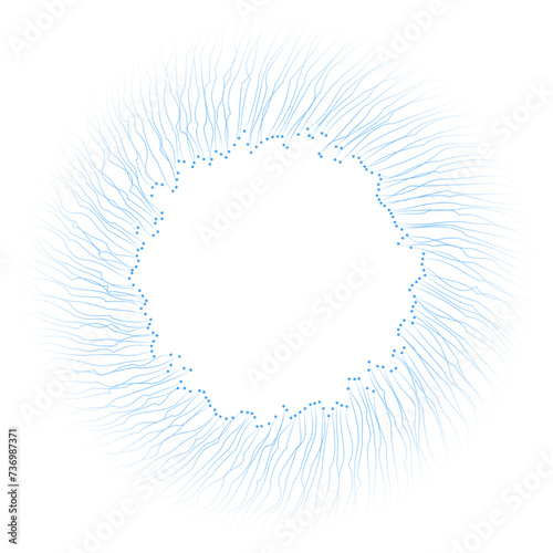Circle of blue lines and dots on white background, creating an effect of movement and energy. The threads move towards the center of the image. Vortex of optical fibers. EPS vector illustration