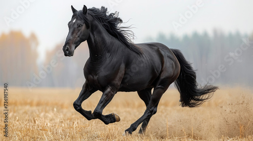 Black Horse Running Through Dry Grass Field