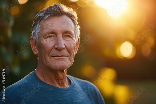 Headshot of senior Caucasian man with blurred nature background in morning sunlight. Elderly health and welfare services concept