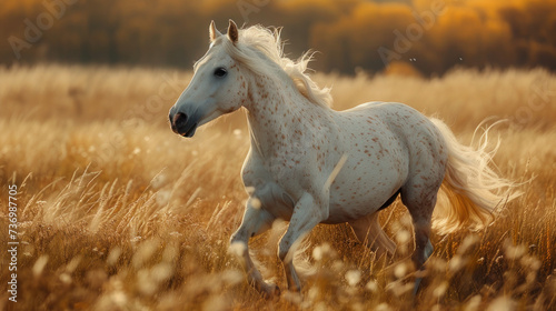 White Horse Running Through Field of Tall Grass